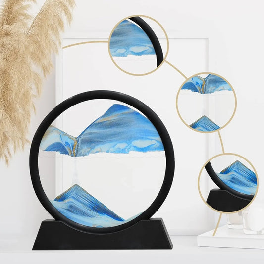 Decorative piece with blue abstract design on a black stand against a white background